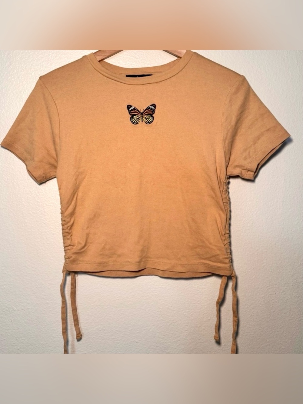 Y2K Butterfly Baby Tee Brown Cinch Side Crop Top Large Fairy Grunge